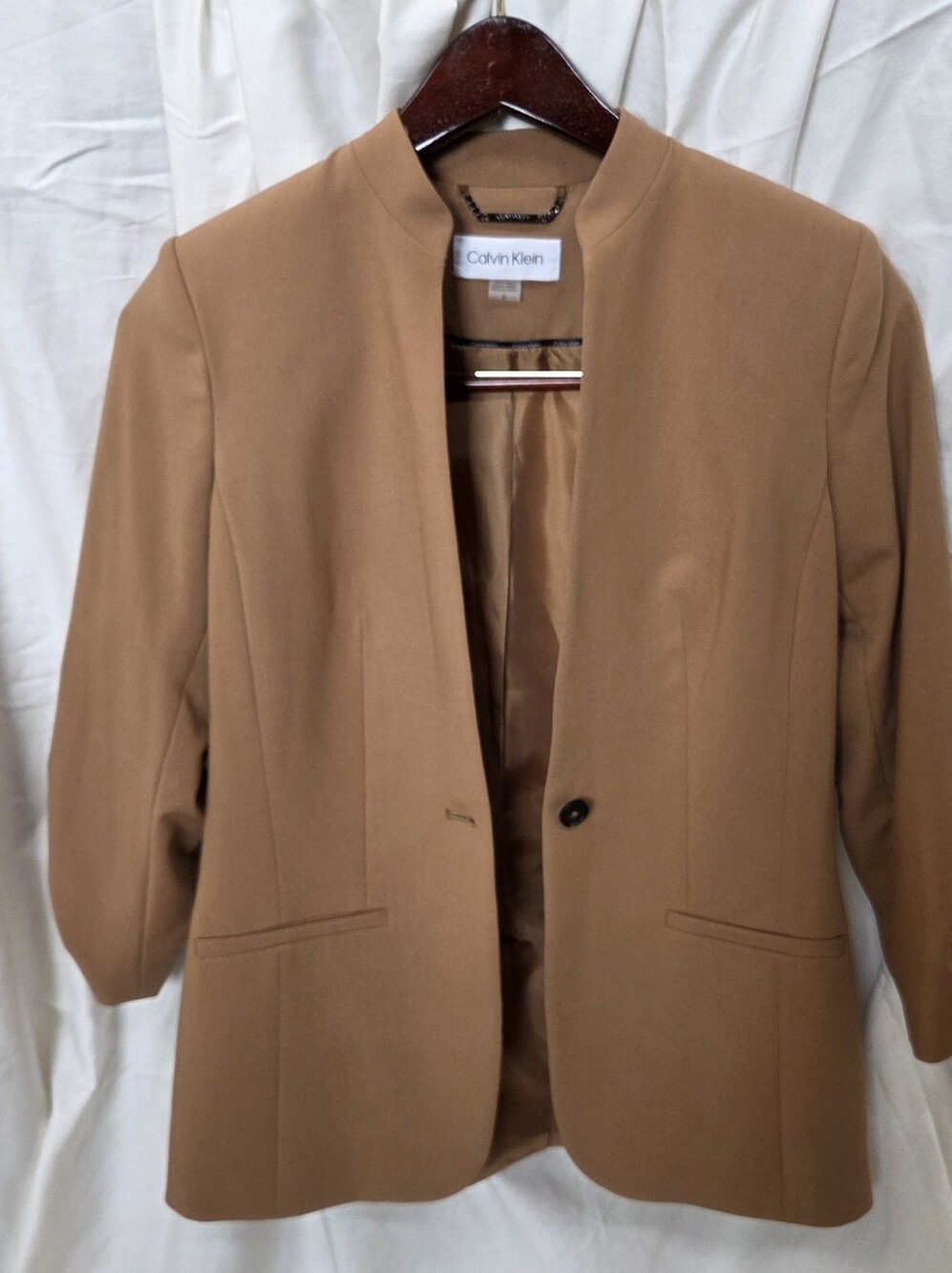 Calvin Klein Tan Open-Front Collarless Blazer